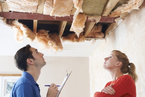Damaged ceiling with exposed insulation and structural elements.