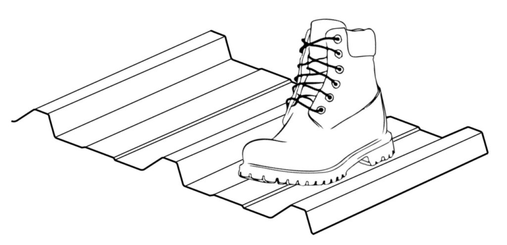 Workboot Stepping on Five Rib Corrugated Metal Sheet.