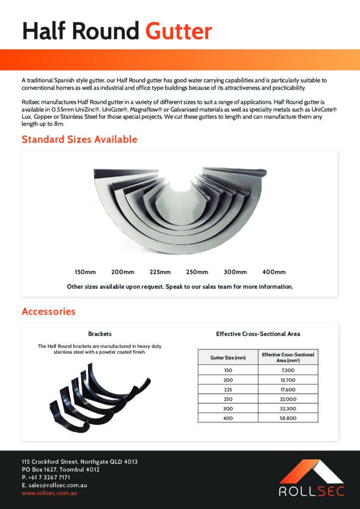 Half Round Gutter Product Specifications by Rollsec in Brisbane